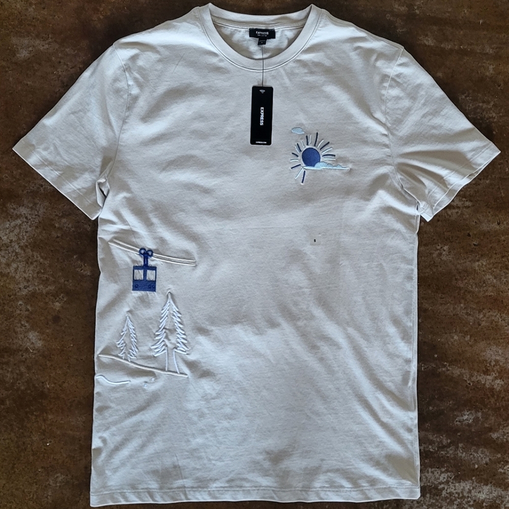 Express premium cotton t-shirt. Size small. Cream color. Embroidered graphics.